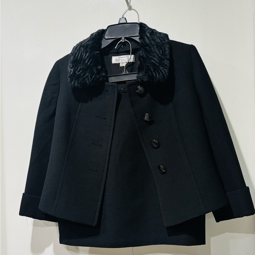 Tahari Black Wool-Blend Pea Coat with Faux Fur Collar
